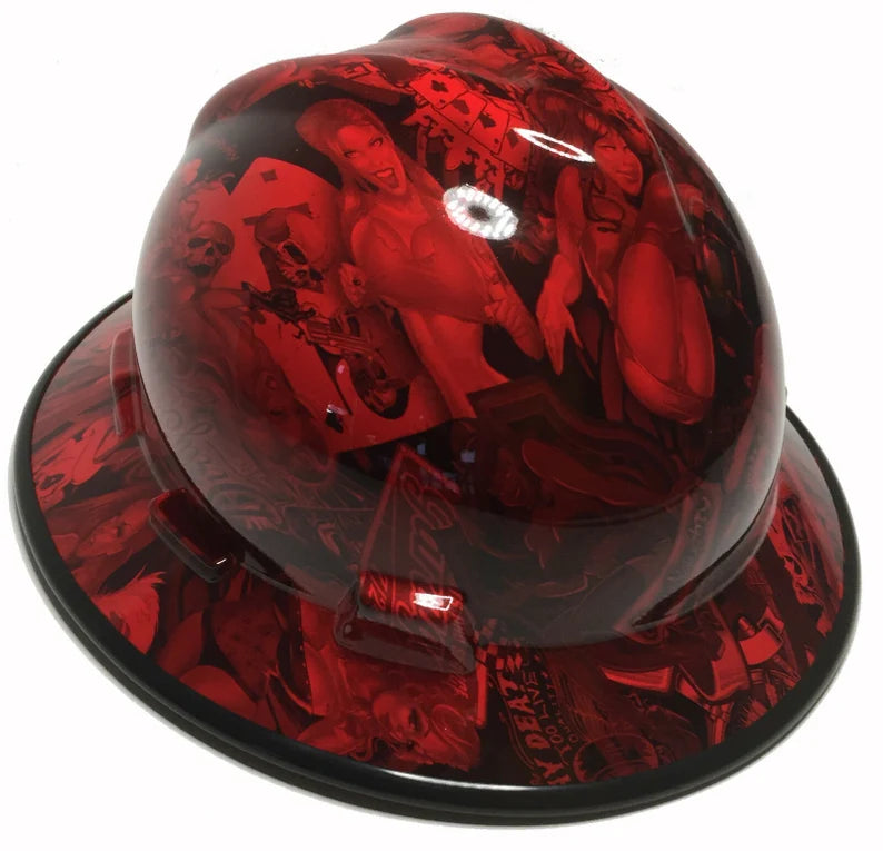 Hard Hat MSA V-Gard Full Brim Custom Red Naughty Boy with Black Edgegard Hydro Dipped