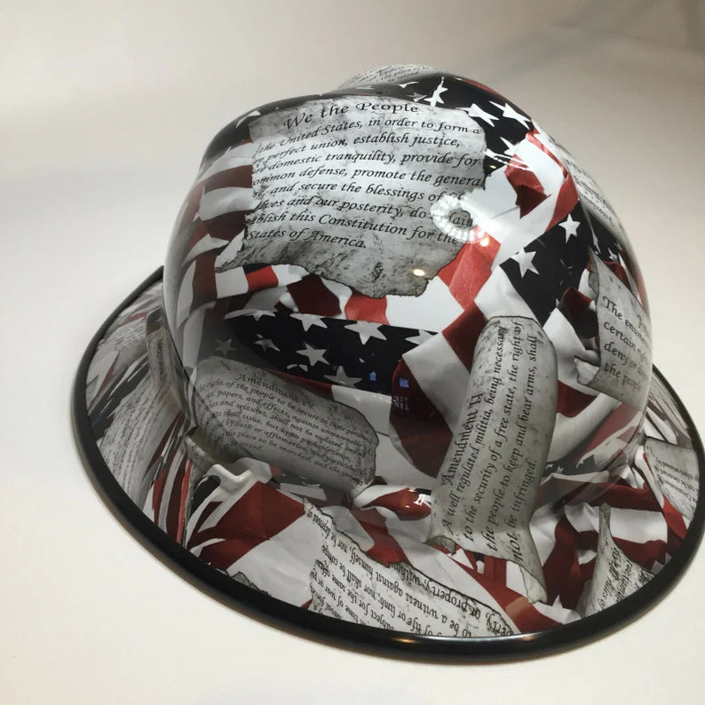 Custom Hard Hat Amendments American Flag with Black Edgegard Full Brim MSA