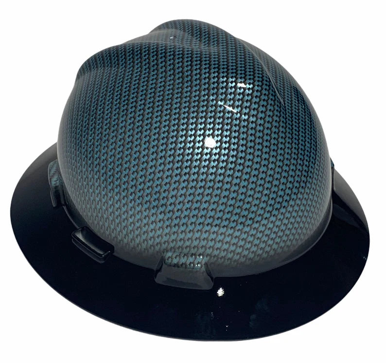 Custom Hard Hat MSA V-Gard Full Brim Teal Blue Carbon Fiber Hydro Dipped with Black Brim