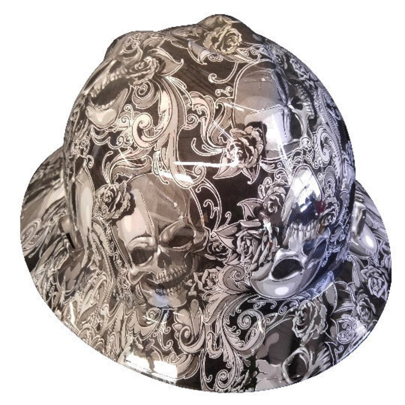 Custom Hydro Dipped White Filigree Skulls MSA V-Gard Full Brim Hard Hat