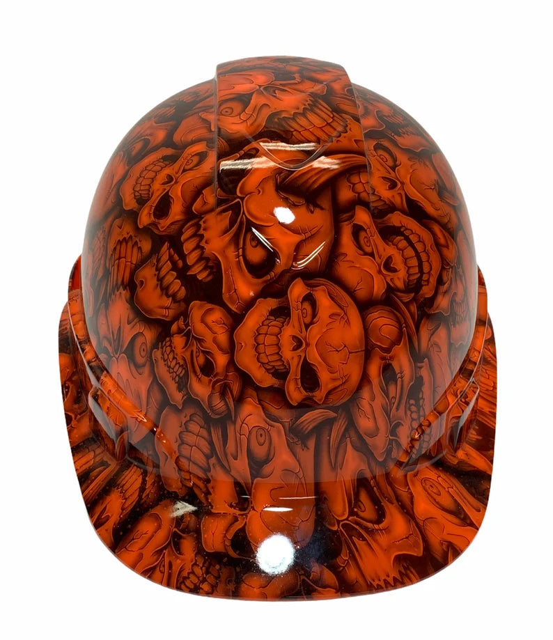 Custom Hydro Dipped Hard Hat Ridgeline Cap Style Custom Orange Insanity Skulls