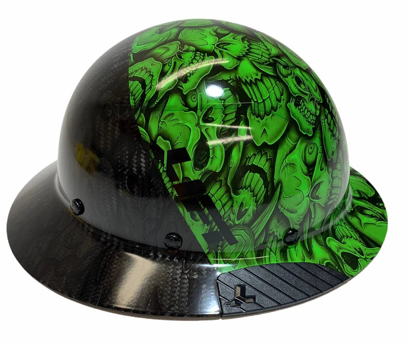 Custom Hydro Dipped Black and Alien Green Insanity Skulls Lift DAX Fifty 50 HDF50C-20GC Carbon Fiber Full Brim Hard Hat