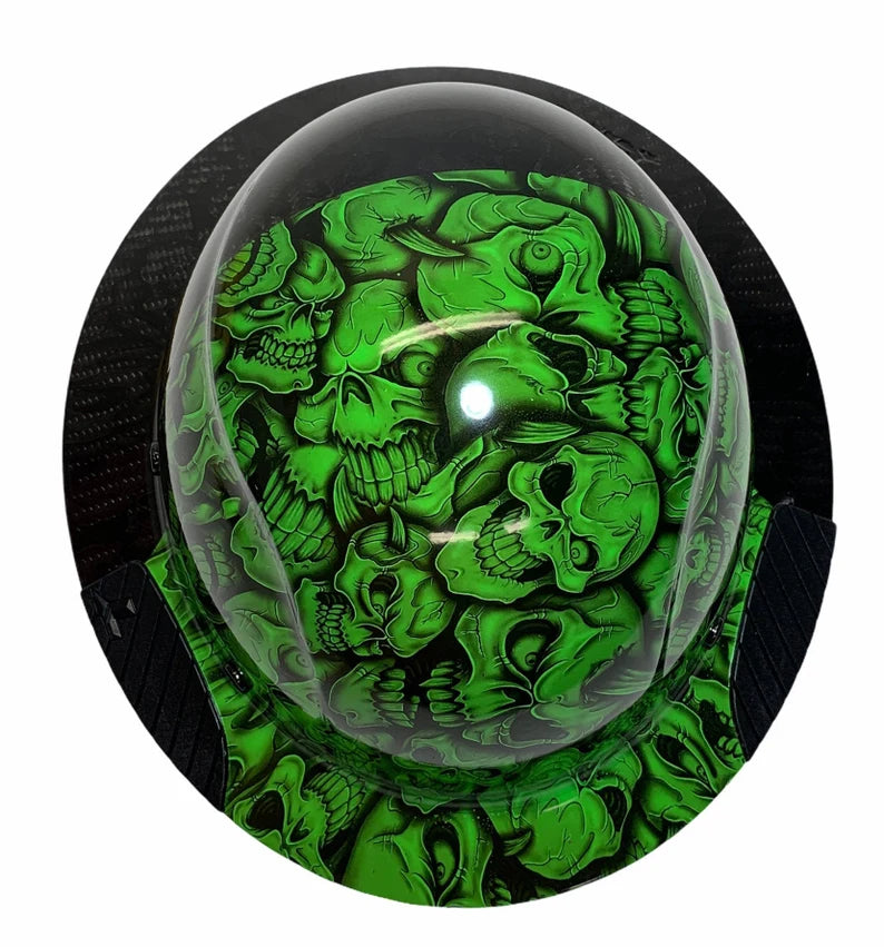 Custom Hydro Dipped Black and Alien Green Insanity Skulls Lift DAX Fifty 50 HDF50C-20GC Carbon Fiber Full Brim Hard Hat