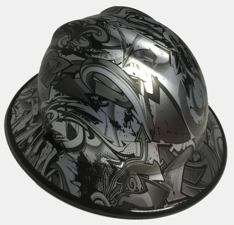 Custom Hard Hat MSA V-Gard Full Brim Silver Metallic Graffiti