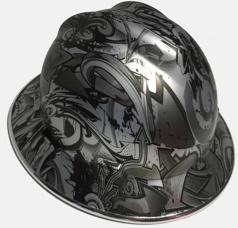 Custom Hard Hat MSA V-Gard Full Brim Silver Metallic Graffiti