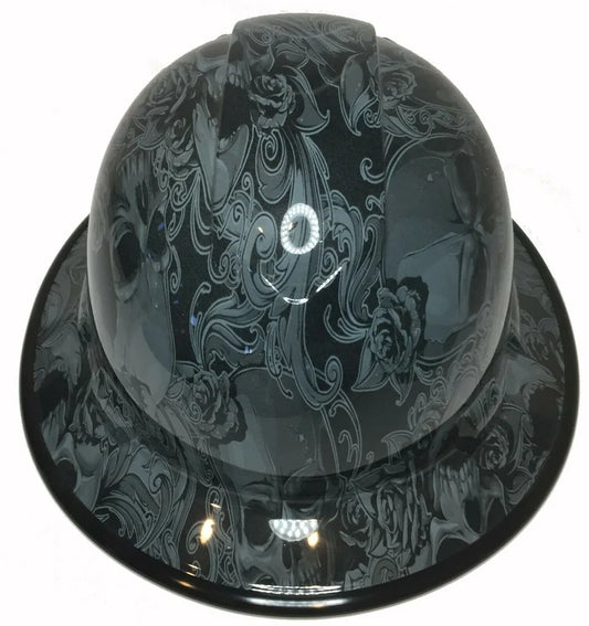 Custom Hydro Dipped Hard Hat Slate Gray Filigree Skulls Full Brim Ridgeline With Black EdgeGard