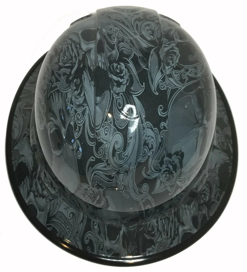 Custom Hydro Dipped Hard Hat Slate Gray Filigree Skulls Full Brim Ridgeline With Black EdgeGard