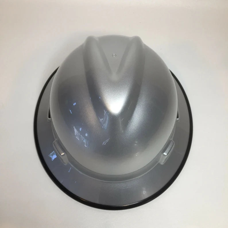 Custom Hard Hat MSA V-Gard Full Brim Silver Metallic with Black Edgegard