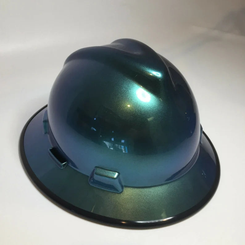 Custom Painted Hard Hat Blue Green Chameleon with Black Edgegard MSA Full Brim