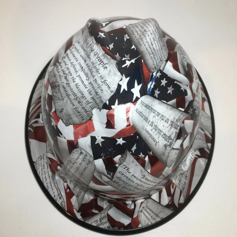 Custom Hard Hat Amendments American Flag with Black Edgegard Full Brim MSA