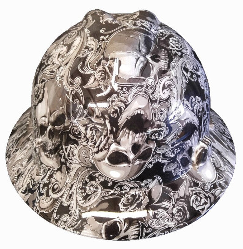 Custom Hydro Dipped White Filigree Skulls MSA V-Gard Full Brim Hard Hat