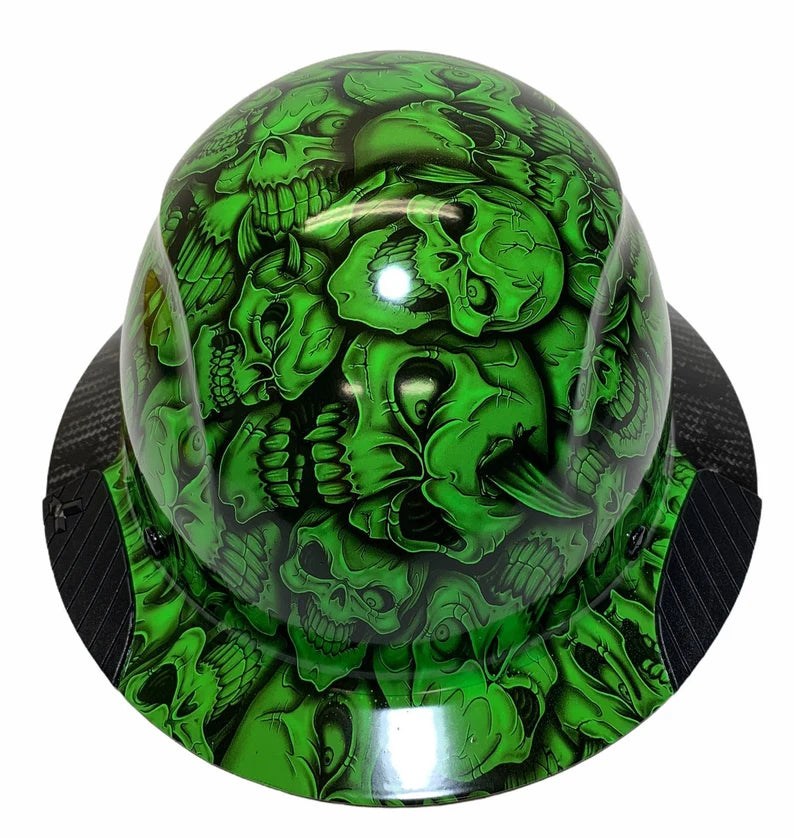 Custom Hydro Dipped Black and Alien Green Insanity Skulls Lift DAX Fifty 50 HDF50C-20GC Carbon Fiber Full Brim Hard Hat