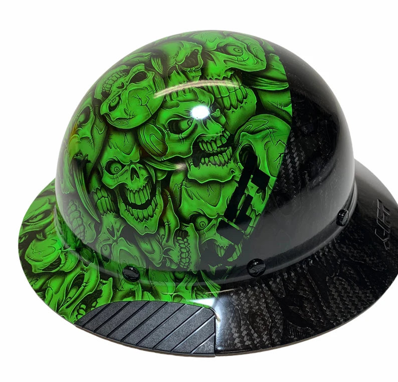 Custom Hydro Dipped Black and Alien Green Insanity Skulls Lift DAX Fifty 50 HDF50C-20GC Carbon Fiber Full Brim Hard Hat