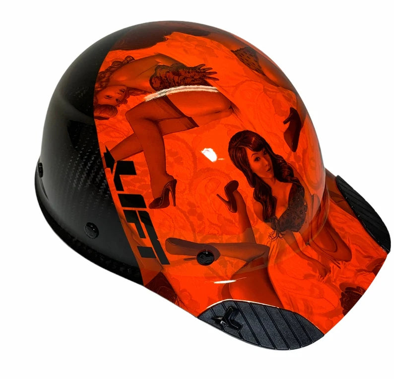 Custom Hydro Dipped Black and Orange Pin Up Girls Lift DAX Fifty 50 Carbon Fiber HDC50C-19OC Cap Style Hard Hat