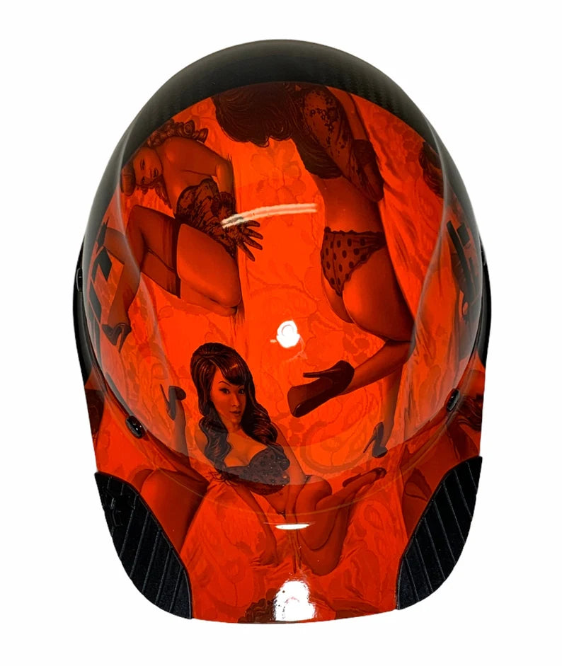 Custom Hydro Dipped Black and Orange Pin Up Girls Lift DAX Fifty 50 Carbon Fiber HDC50C-19OC Cap Style Hard Hat