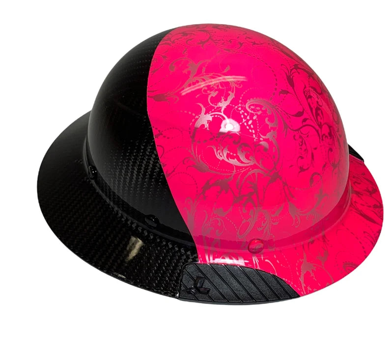 Custom Hydro Dipped Black and Hot Pink Lilies Lift DAX Fifty 50 Carbon Fiber HDF50C-19OC Full Brim Hard Hat