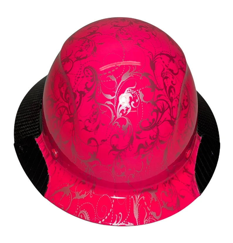 Custom Hydro Dipped Black and Hot Pink Lilies Lift DAX Fifty 50 Carbon Fiber HDF50C-19OC Full Brim Hard Hat