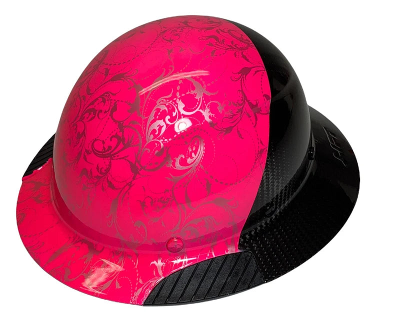 Custom Hydro Dipped Black and Hot Pink Lilies Lift DAX Fifty 50 Carbon Fiber HDF50C-19OC Full Brim Hard Hat