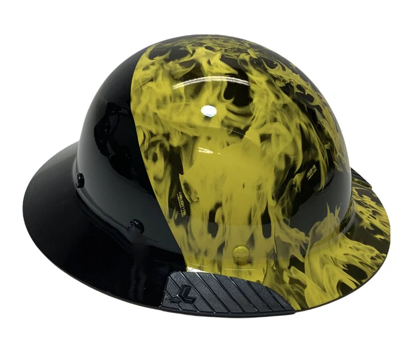 Custom Hydro Dipped Black and Yellow Flames Lift DAX Fifty 50 Carbon Fiber HDF50C-19OC Full Brim Hard Hat