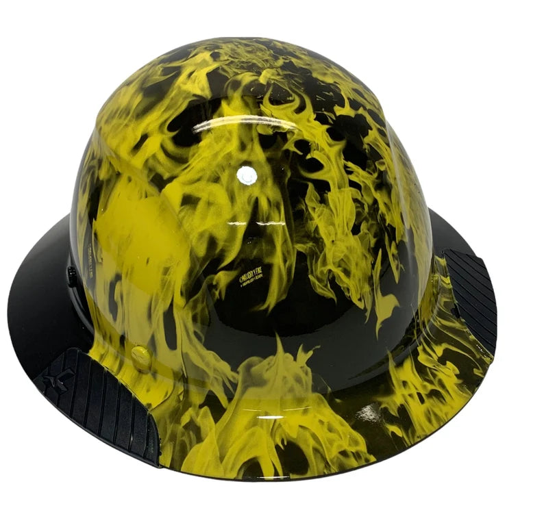 Custom Hydro Dipped Black and Yellow Flames Lift DAX Fifty 50 Carbon Fiber HDF50C-19OC Full Brim Hard Hat