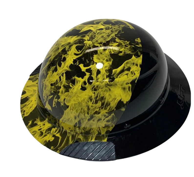 Custom Hydro Dipped Black and Yellow Flames Lift DAX Fifty 50 Carbon Fiber HDF50C-19OC Full Brim Hard Hat