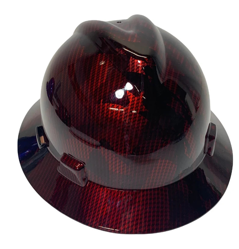 Custom Hard Hat Hydro Dipped Kandy Red Carbon Fiber American Flags HG MSA V-Gard Full Brim