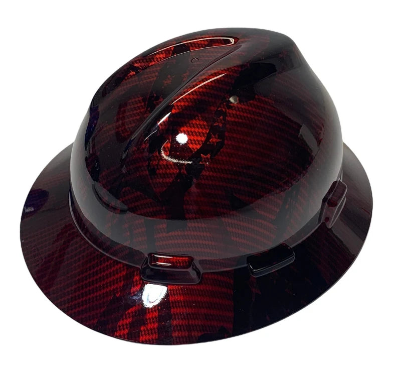 Custom Hard Hat Hydro Dipped Kandy Red Carbon Fiber American Flags HG MSA V-Gard Full Brim