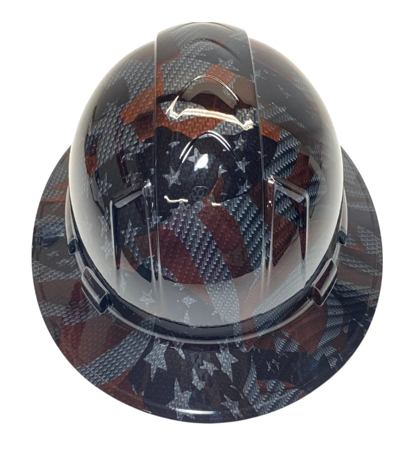 Custom Hydro Dipped Sport Carbon Fiber American Flags Ridgeline Full Brim Hard Hat