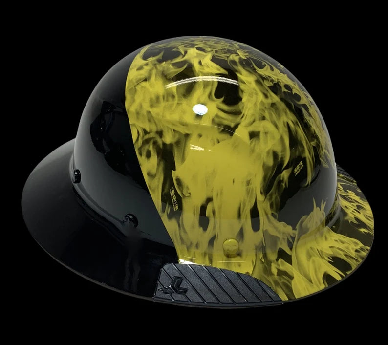 Custom Hydro Dipped Black and Yellow Flames Lift DAX Fifty 50 Carbon Fiber HDF50C-19OC Full Brim Hard Hat