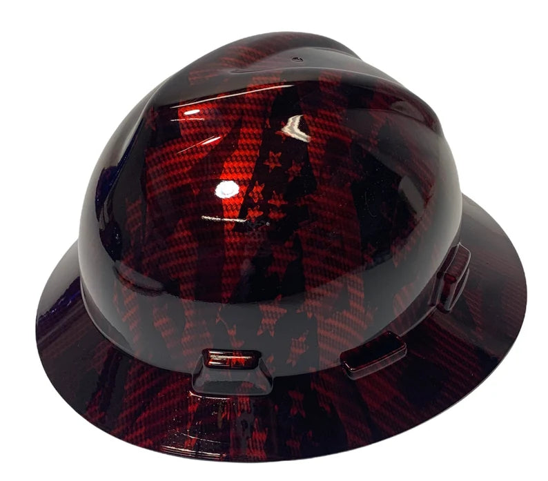 Custom Hard Hat Hydro Dipped Kandy Red Carbon Fiber American Flags HG MSA V-Gard Full Brim