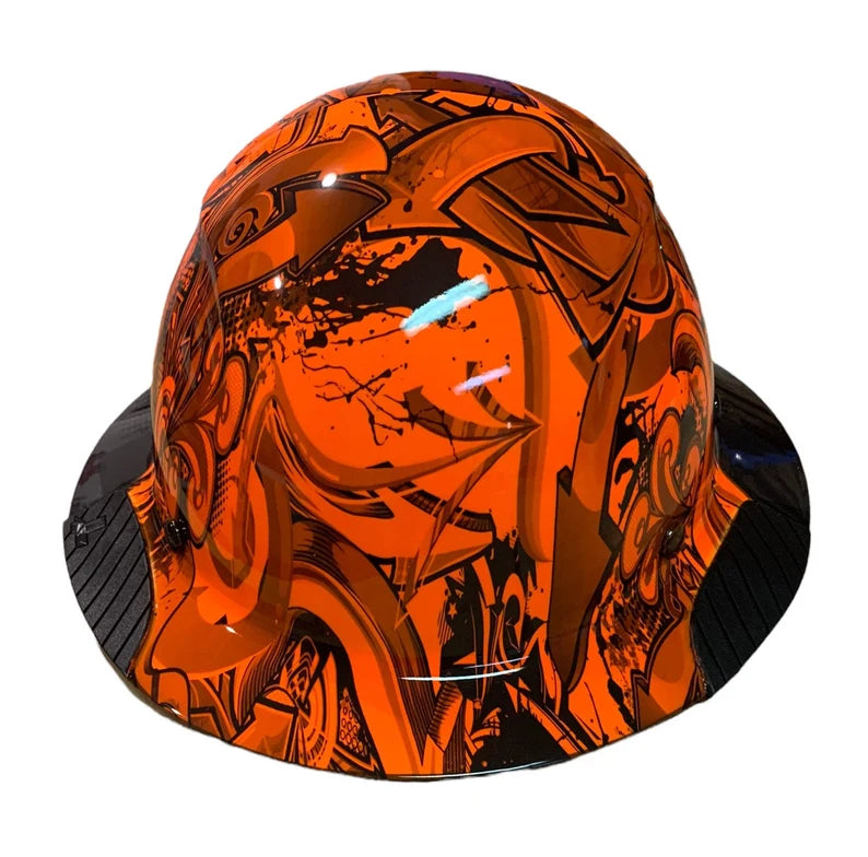 Custom Hydro Dipped Black and Orange Graffiti/Camo Lift DAX Fifty 50 Carbon Fiber HDF50C-19OC Full Brim Hard Hat