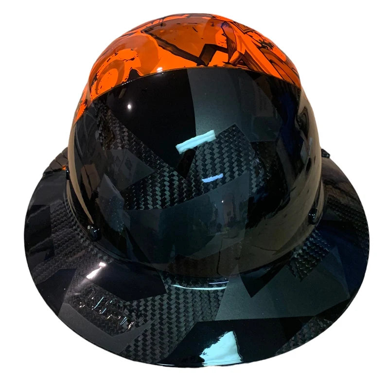 Custom Hydro Dipped Black and Orange Graffiti/Camo Lift DAX Fifty 50 Carbon Fiber HDF50C-19OC Full Brim Hard Hat