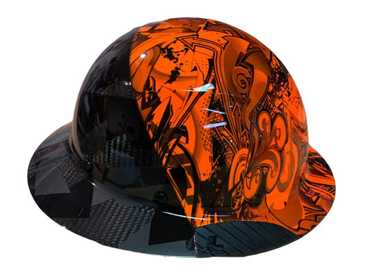 Custom Hydro Dipped Black and Orange Graffiti/Camo Lift DAX Fifty 50 Carbon Fiber HDF50C-19OC Full Brim Hard Hat