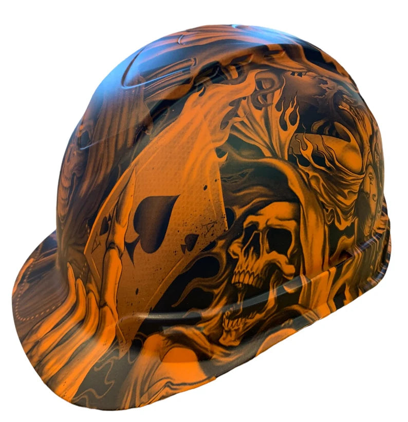 Custom Hydro Dipped Hard Hat Ridgeline Cap Style Orange Ace Of Skulls Vented