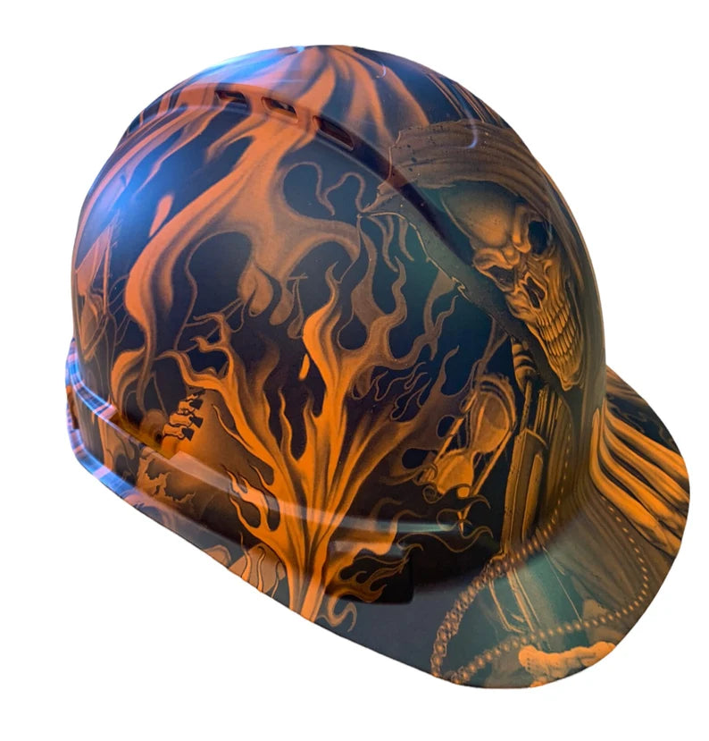 Custom Hydro Dipped Hard Hat Ridgeline Cap Style Orange Ace Of Skulls Vented