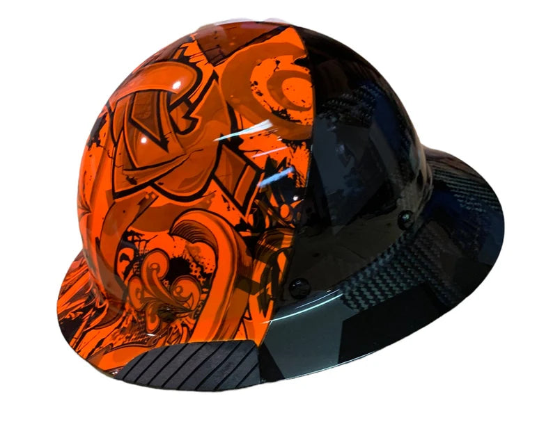 Custom Hydro Dipped Black and Orange Graffiti/Camo Lift DAX Fifty 50 Carbon Fiber HDF50C-19OC Full Brim Hard Hat