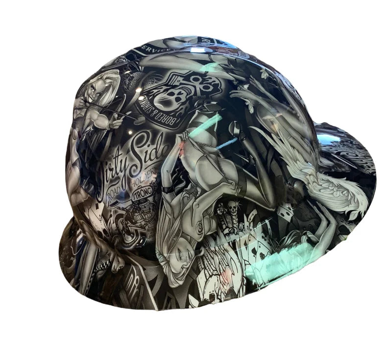 Custom White Naughty Boy Hard Hat MSA V-Gard Full Brim