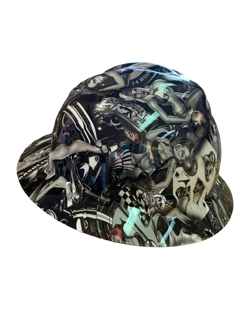 Custom White Naughty Boy Hard Hat MSA V-Gard Full Brim