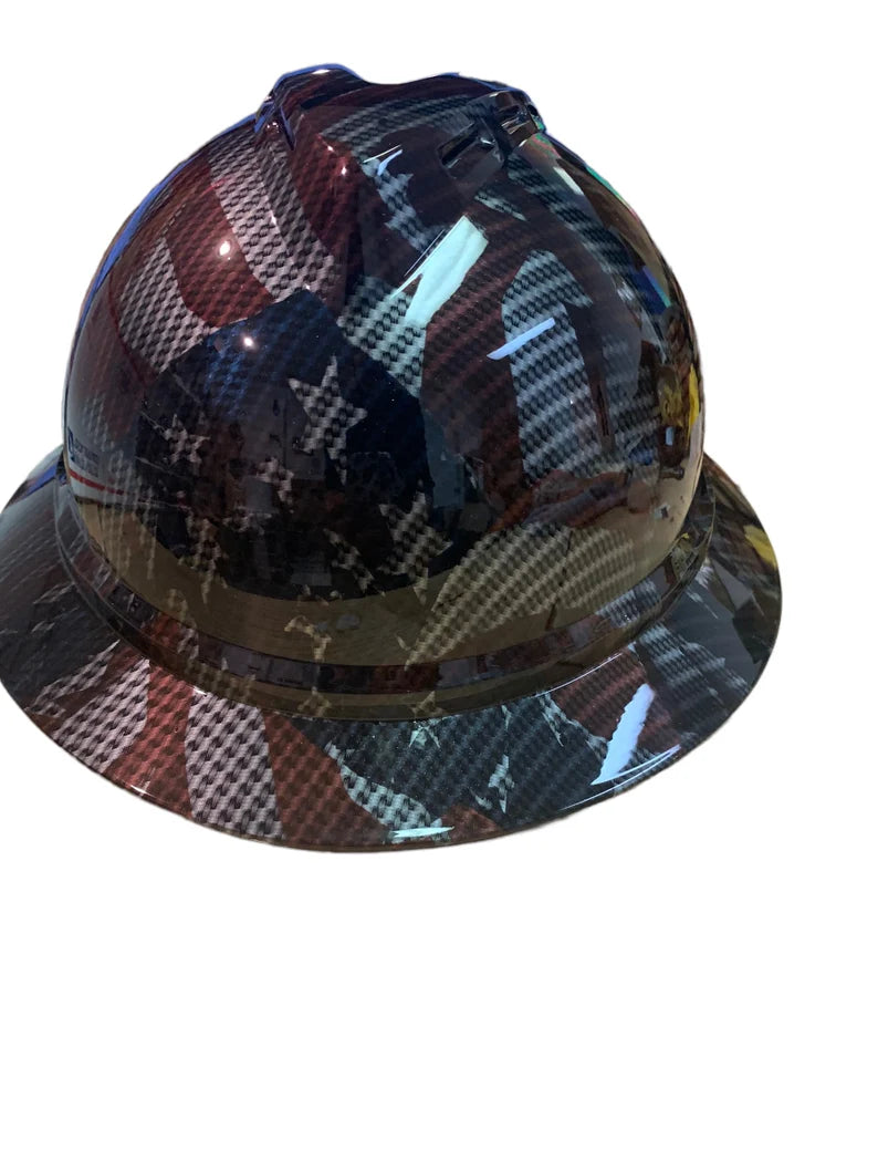 Hard Hat MSA V-Gard 500 Vented Full Brim Custom Carbon Fiber American Flags Hydro Dipped