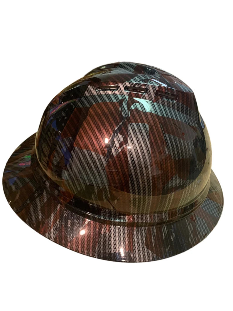 Hard Hat MSA V-Gard 500 Vented Full Brim Custom Carbon Fiber American Flags Hydro Dipped