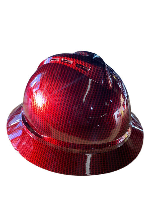 Hard Hat MSA V-Gard 500 Vented Full Brim Custom Kandy Red Carbon Fiber Hydro Dipped