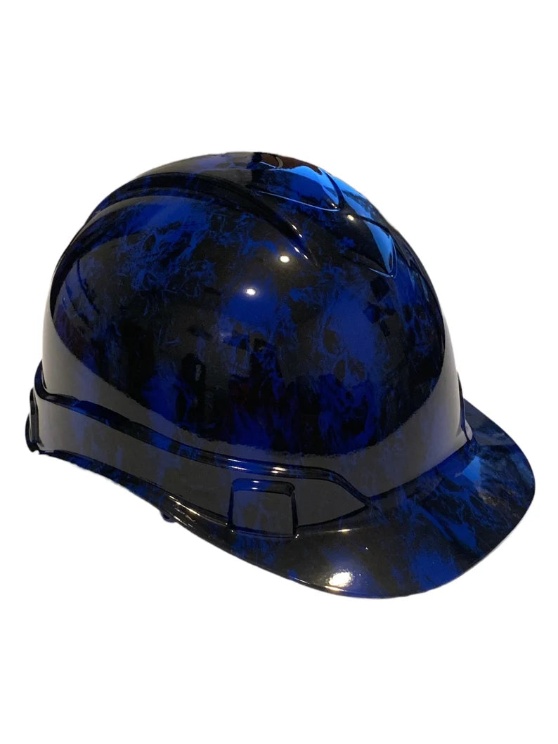 Custom Hydro Dipped Hard Hat Dark Blue Small Flaming Skulls Cap Style