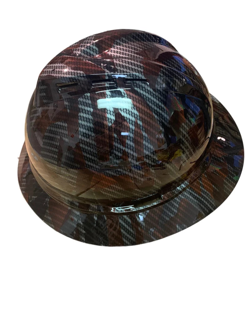 Hard Hat MSA V-Gard 500 Vented Full Brim Custom Carbon Fiber American Flags Hydro Dipped