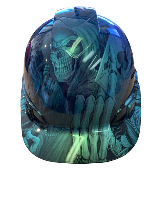 Custom Hydro Dipped Hard Hat Ridgeline Cap Style Blue Green Chameleon Ace of Skulls