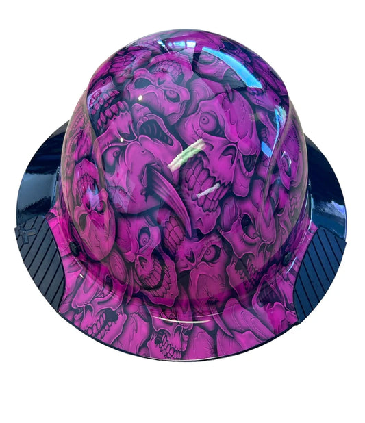 Custom Hydro Dip Fifty 50 Pink and Black Insanity Skulls Lift Fiber Resin Full Brim Hard Hat