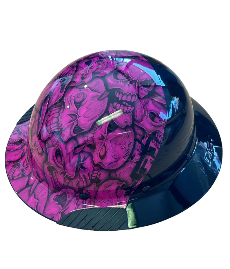 Custom Hydro Dip Fifty 50 Pink and Black Insanity Skulls Lift Fiber Resin Full Brim Hard Hat