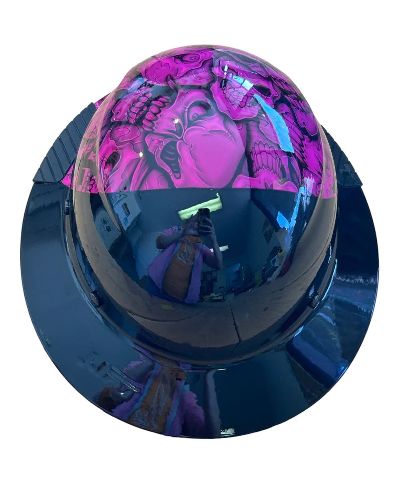 Custom Hydro Dip Fifty 50 Pink and Black Insanity Skulls Lift Fiber Resin Full Brim Hard Hat