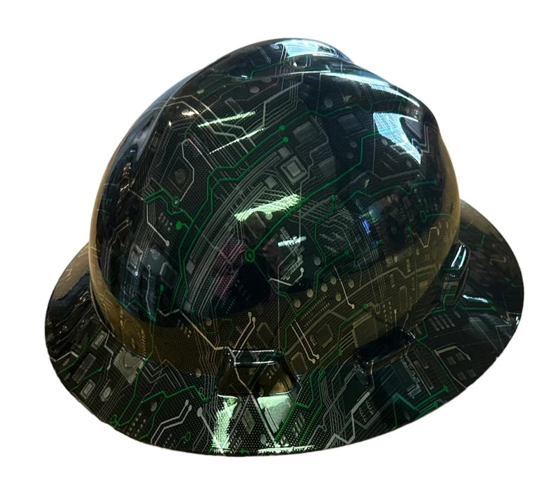 Custom Hard Hat MSA Full Brim Chrome Circuit Board