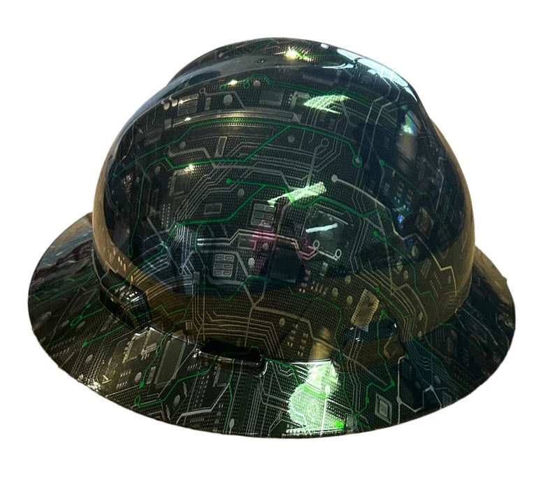 Custom Hard Hat MSA Full Brim Chrome Circuit Board