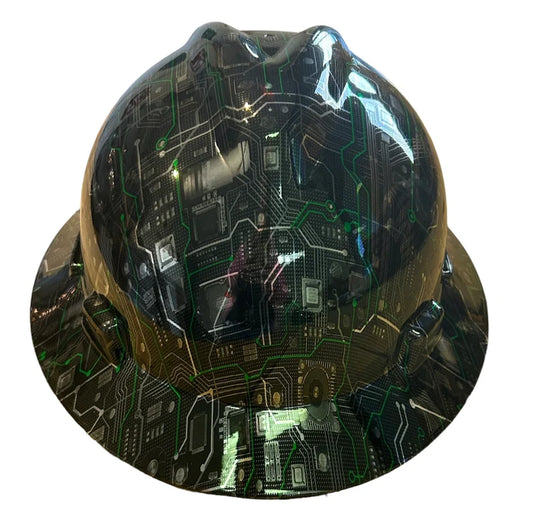 Custom Hard Hat MSA Full Brim Chrome Circuit Board